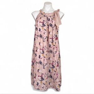 Bellambra 100% Linen Muted Pink Blush Floral Tie-Shoulder Bow Midi Dress Italy